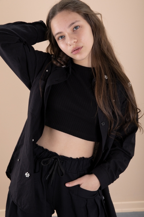 Siyah Kız Çocuk Croplu Taşlı Gömlek ve Pantolonlu 3lü Takım 20471