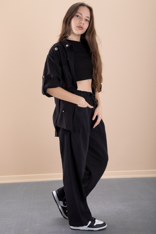 Siyah Kız Çocuk Croplu Taşlı Gömlek ve Pantolonlu 3lü Takım 20471