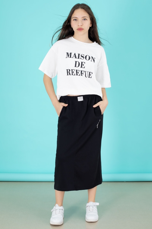 Siyah Kız Çocuk Etekli Baskılı Tişörtlü Takım 20508