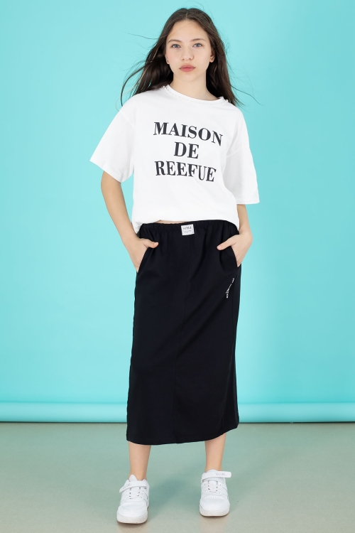 Siyah Kalem Etekli Baskılı Tişörtlü Kız Çocuk 2li Alt Üst Takım 20564