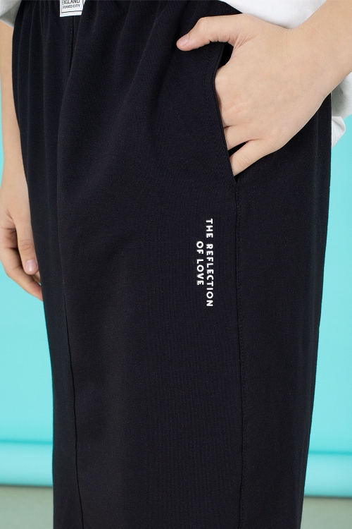 Siyah Kalem Etekli Baskılı Tişörtlü Kız Çocuk 2li Alt Üst Takım 20564