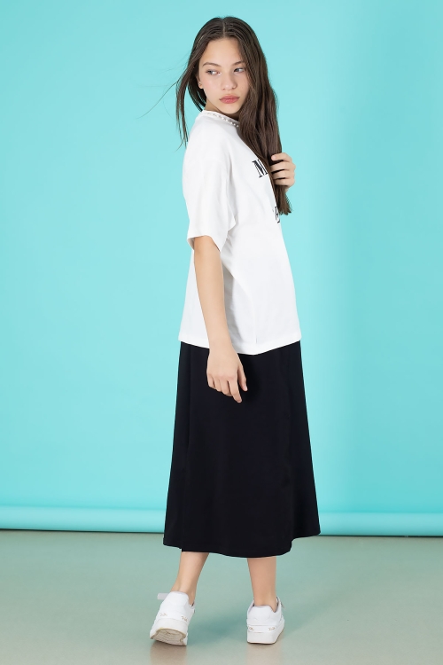 Siyah Kalem Etekli Baskılı Tişörtlü Kız Çocuk 2li Alt Üst Takım 20564