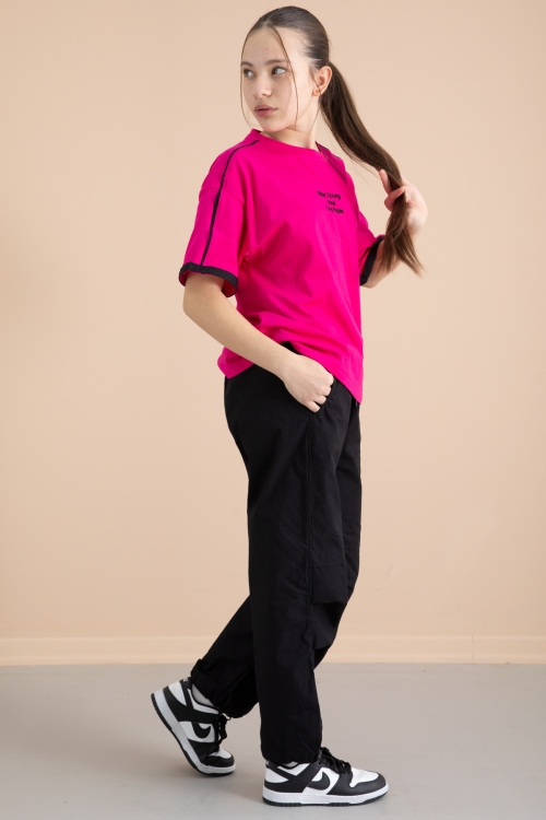 Siyah Kız Çocuk Paraşüt Pantolonlu 2li Takım 20388