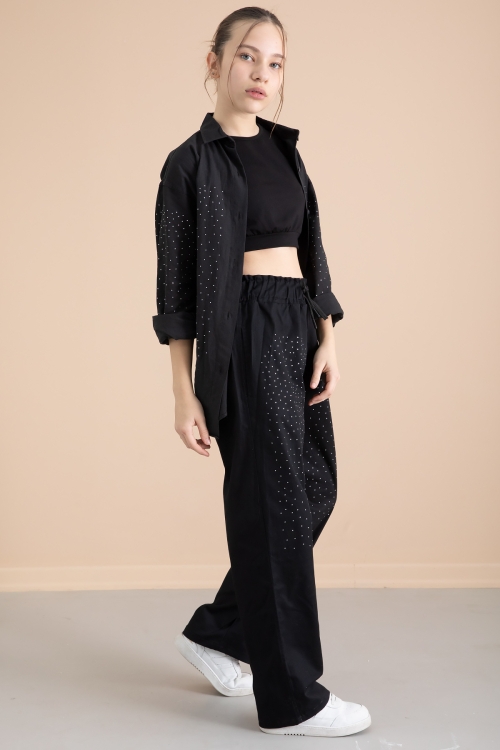 Siyah Kız Çocuk Taş Detaylı Croplu 3lü Takım 20385