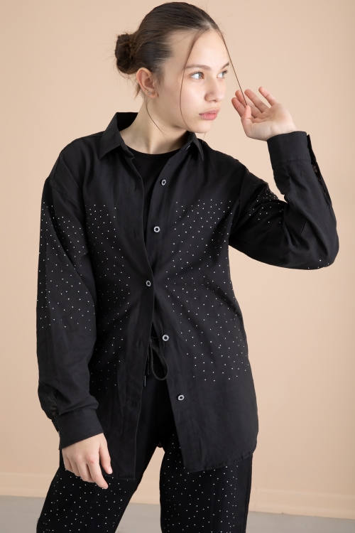 Siyah Kız Çocuk Taş Detaylı Croplu 3lü Takım 20385