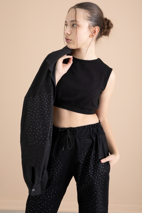 Siyah Kız Çocuk Taş Detaylı Croplu 3lü Takım 20385