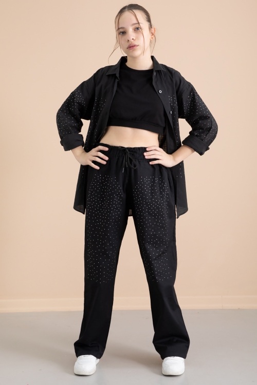 Siyah Kız Çocuk Taş Detaylı Croplu 3lü Takım 20385