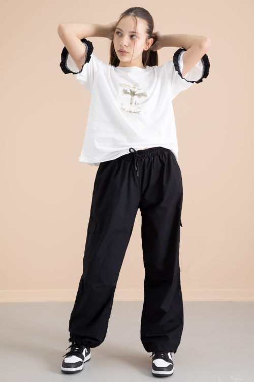 Siyah Kız Çocuk Tişört ve Kargo Cepli Pantolonlu 2li Takım 20393