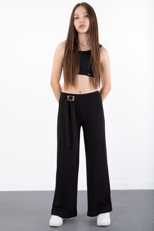 Siyah Kuşak Detaylı Geniş Paça Kız Çocuk Örme Desenli Pantolon 20488