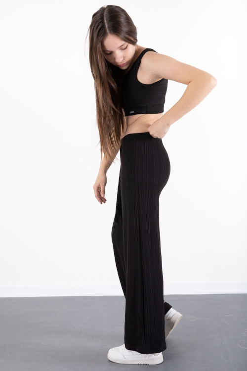 Siyah Kuşak Detaylı Geniş Paça Kız Çocuk Örme Desenli Pantolon 20488