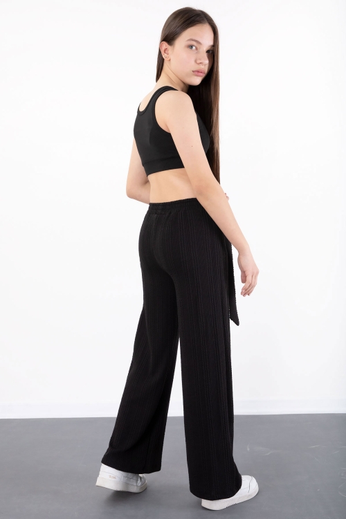 Siyah Kuşak Detaylı Geniş Paça Kız Çocuk Örme Desenli Pantolon 20488