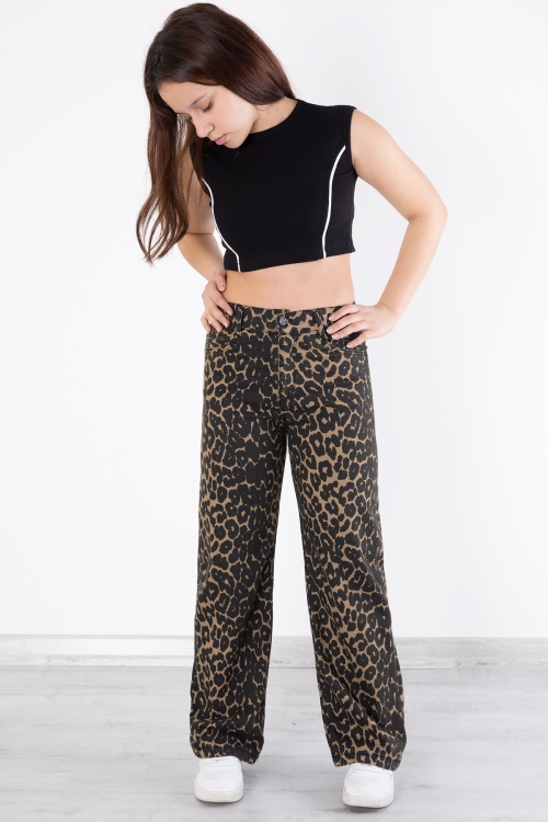 Siyah Leopar Desenli Geniş Paça Kız Çocuk Keten Pantolon 20315