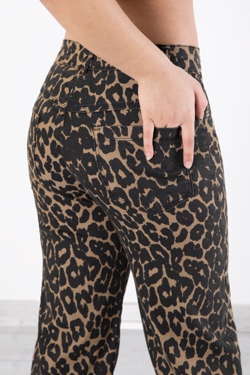 Siyah Leopar Desenli Geniş Paça Kız Çocuk Keten Pantolon 20315