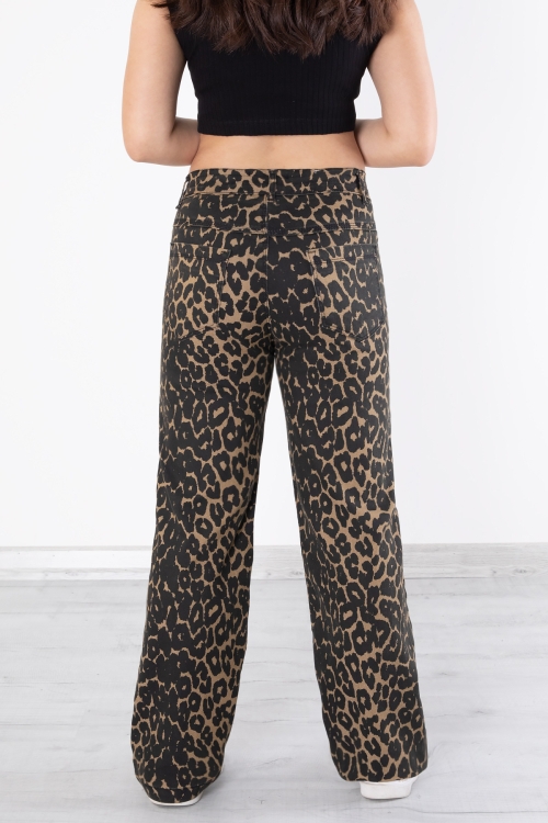 Siyah Leopar Desenli Geniş Paça Kız Çocuk Keten Pantolon 20315