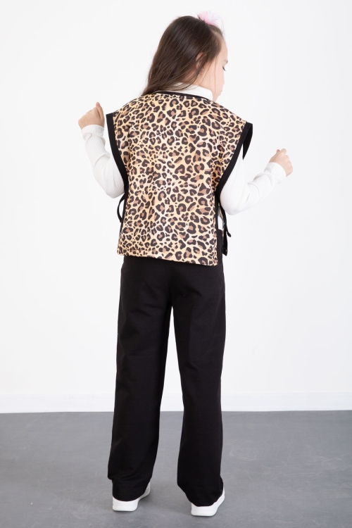 Siyah Leopar Desenli Süveterli Badili Kız Çocuk Pantolonlu 3lü Takım 20527