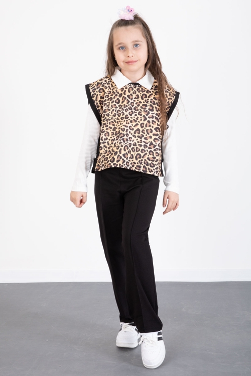 Siyah Leopar Desenli Süveterli Badili Kız Çocuk Pantolonlu 3lü Takım 20527