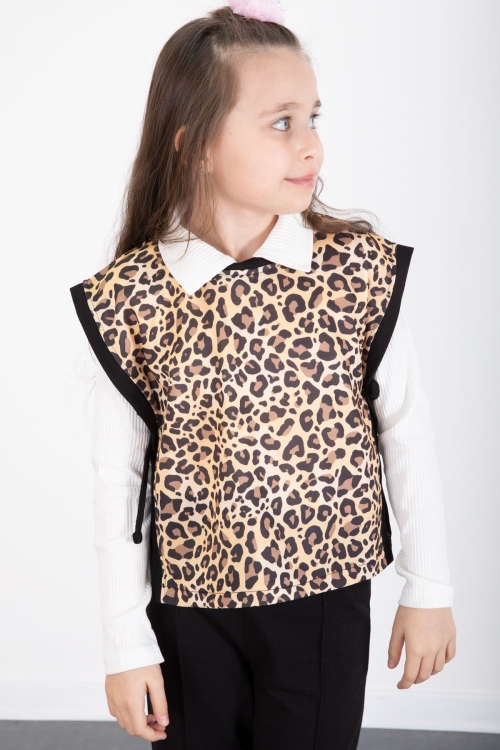Siyah Leopar Desenli Süveterli Badili Kız Çocuk Pantolonlu 3lü Takım 20527