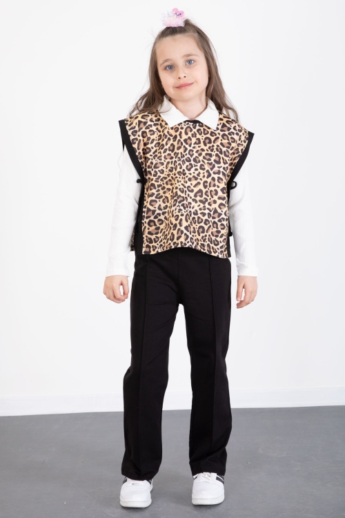 Siyah Leopar Desenli Süveterli Badili Kız Çocuk Pantolonlu 3lü Takım 20527