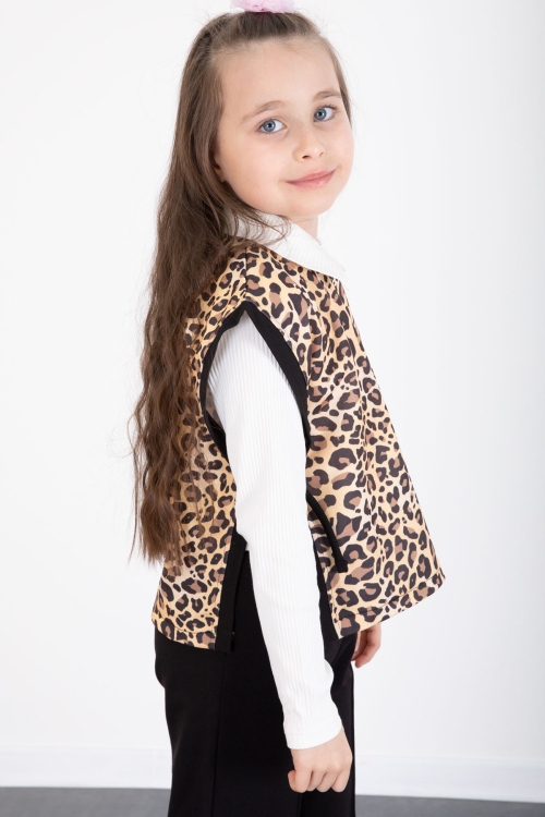 Siyah Leopar Desenli Süveterli Badili Kız Çocuk Pantolonlu 3lü Takım 20527