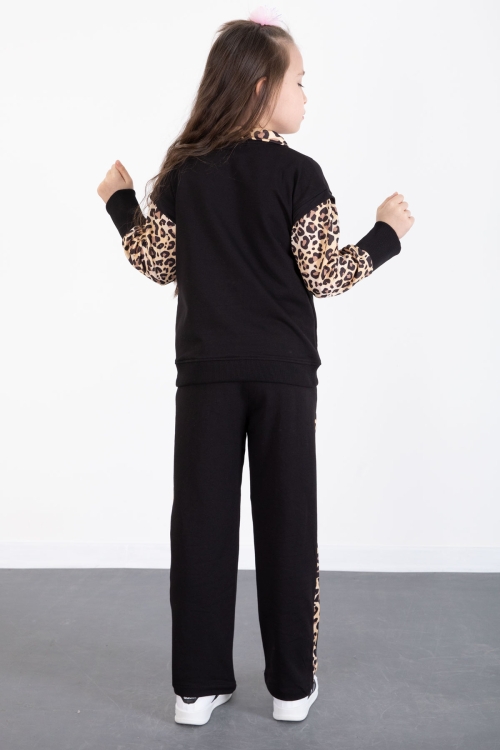 Siyah Leopar Şerit Detaylı Fiyonk Desenli Kız Çocuk Alt Üst 2li Takım 20525