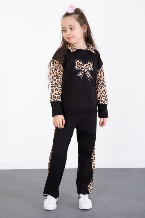 Siyah Leopar Şerit Detaylı Fiyonk Desenli Kız Çocuk Alt Üst 2li Takım 20525