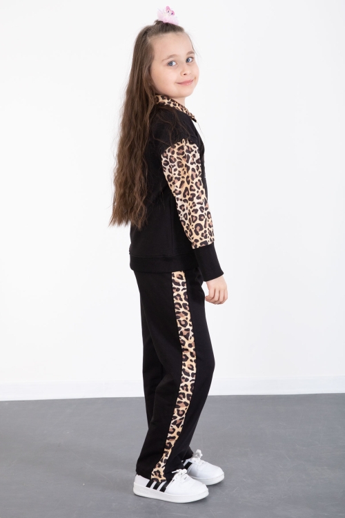Siyah Leopar Şerit Detaylı Fiyonk Desenli Kız Çocuk Alt Üst 2li Takım 20525