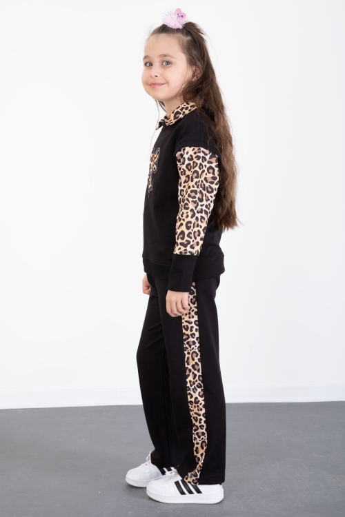 Siyah Leopar Şerit Detaylı Fiyonk Desenli Kız Çocuk Alt Üst 2li Takım 20525