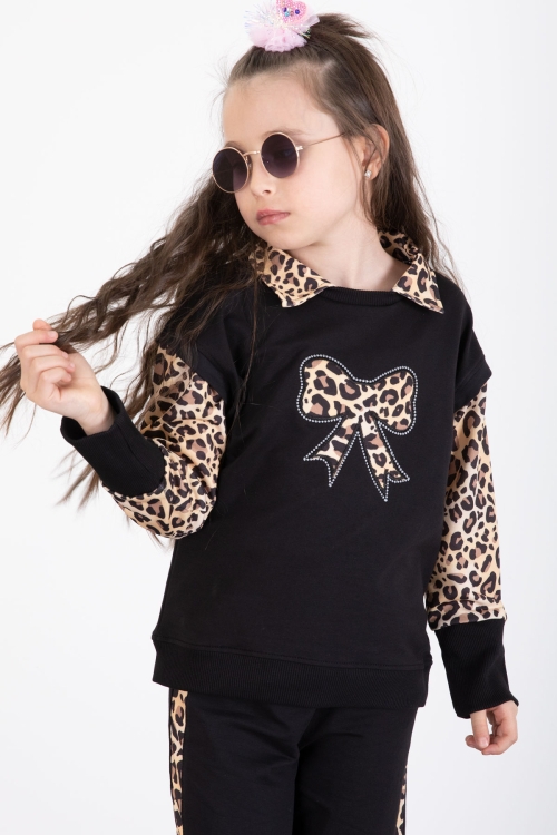 Siyah Leopar Şerit Detaylı Fiyonk Desenli Kız Çocuk Alt Üst 2li Takım 20525