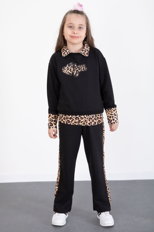 Siyah Leopar Şerit Detaylı Kalpli Kız Çocuk Alt Üst 2li Takım 20523
