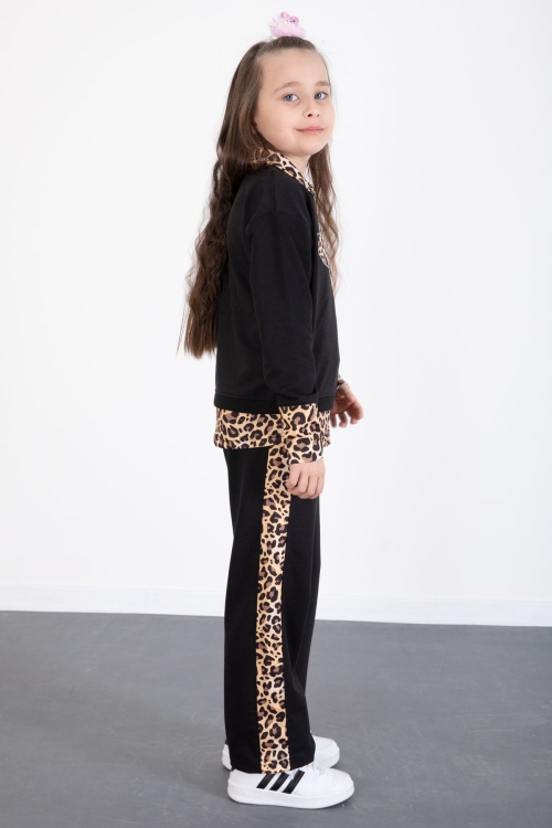 Siyah Leopar Şerit Detaylı Kalpli Kız Çocuk Alt Üst 2li Takım 20523