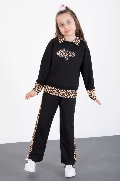 Siyah Leopar Şerit Detaylı Kalpli Kız Çocuk Alt Üst 2li Takım 20523