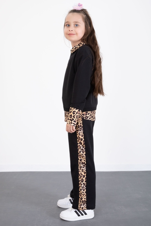 Siyah Leopar Şerit Detaylı Kalpli Kız Çocuk Alt Üst 2li Takım 20523