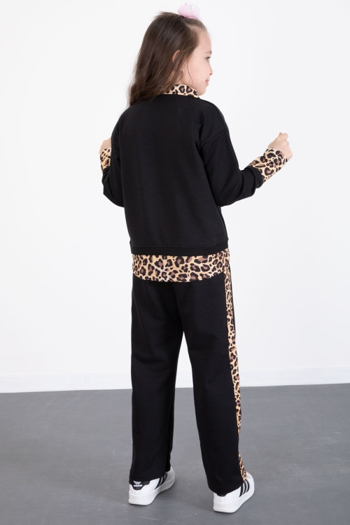 Siyah Leopar Şerit Detaylı Kalpli Kız Çocuk Alt Üst 2li Takım 20523