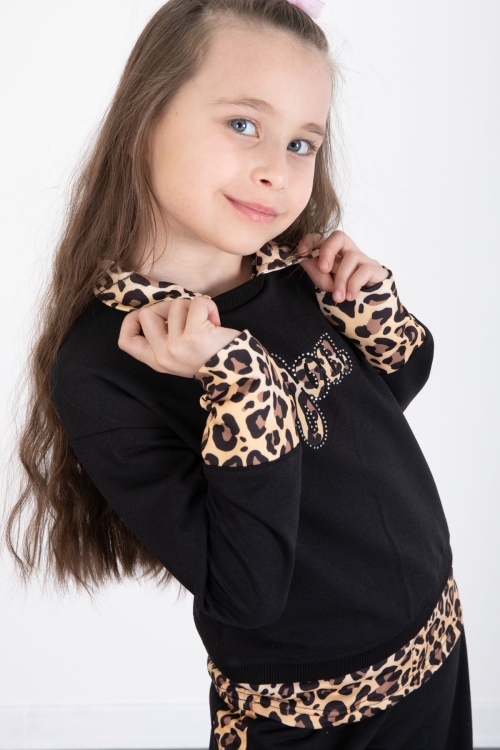 Siyah Leopar Şerit Detaylı Kalpli Kız Çocuk Alt Üst 2li Takım 20523