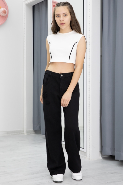 Siyah Nakış Detay Geniş Paça Kız Çocuk Jean Pantolon 20299