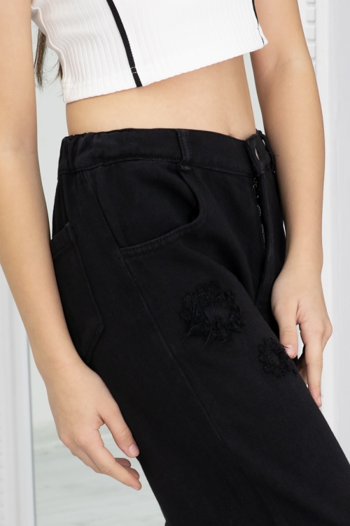 Siyah Nakış Detay Geniş Paça Kız Çocuk Jean Pantolon 20299