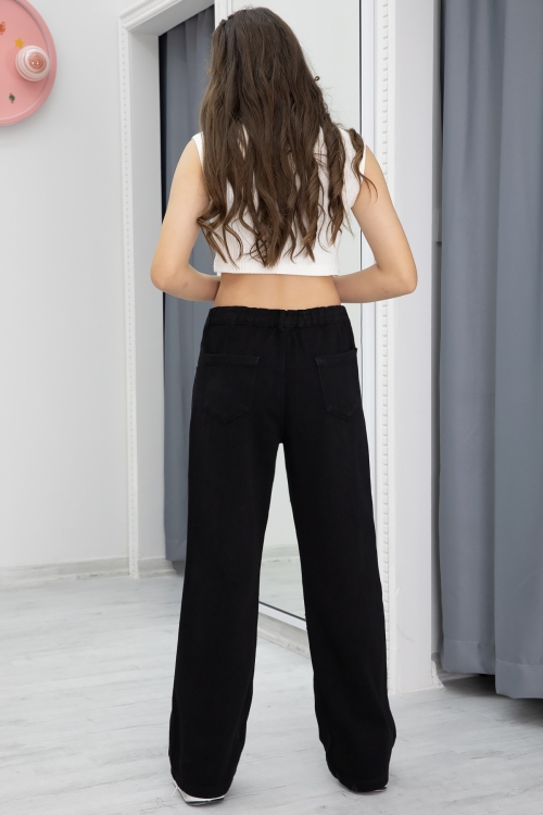 Siyah Nakış Detay Geniş Paça Kız Çocuk Jean Pantolon 20299