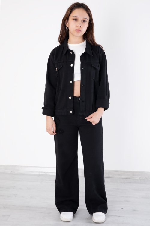 Siyah Nakış Detaylı Jean Pantolonlu ve Ceketli Kız Çocuk Takım 20362