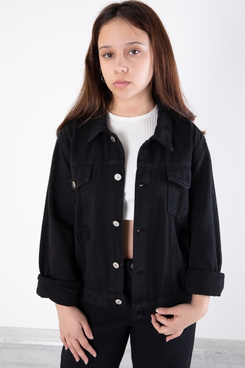 Siyah Nakış Detaylı Jean Pantolonlu ve Ceketli Kız Çocuk Takım 20362