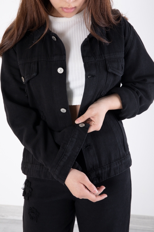 Siyah Nakış Detaylı Jean Pantolonlu ve Ceketli Kız Çocuk Takım 20362