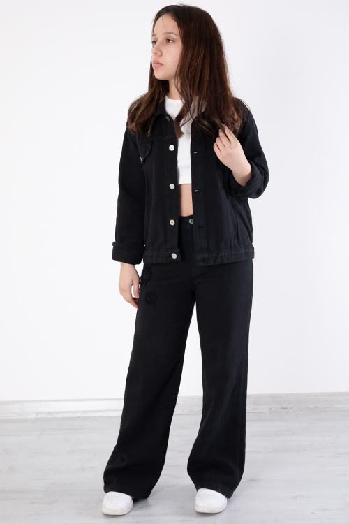 Siyah Nakış Detaylı Jean Pantolonlu ve Ceketli Kız Çocuk Takım 20362