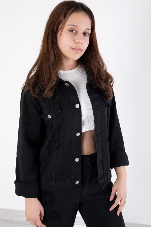Siyah Nakış Detaylı Jean Pantolonlu ve Ceketli Kız Çocuk Takım 20362