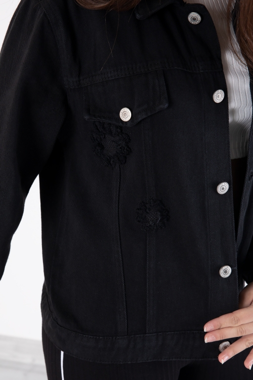 Siyah Ön Cepli Nakış Detaylı Kız Çocuk Jean Ceket 20358