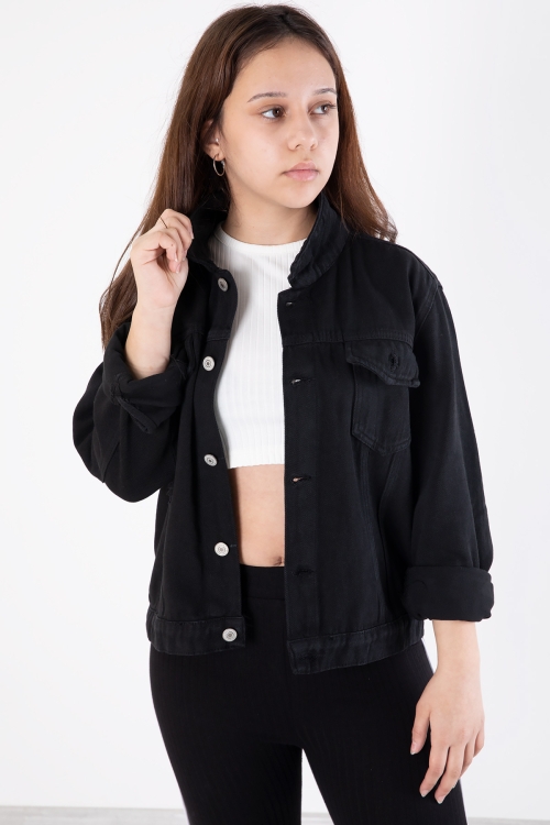 Siyah Ön Cepli Nakış Detaylı Kız Çocuk Jean Ceket 20358