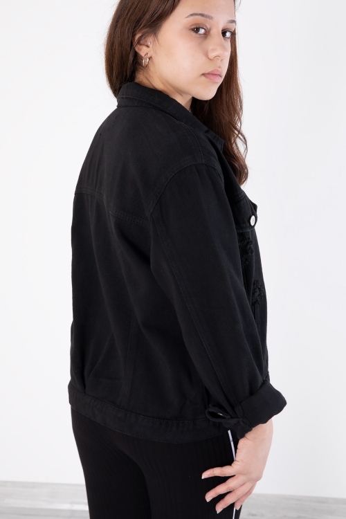 Siyah Ön Cepli Nakış Detaylı Kız Çocuk Jean Ceket 20358