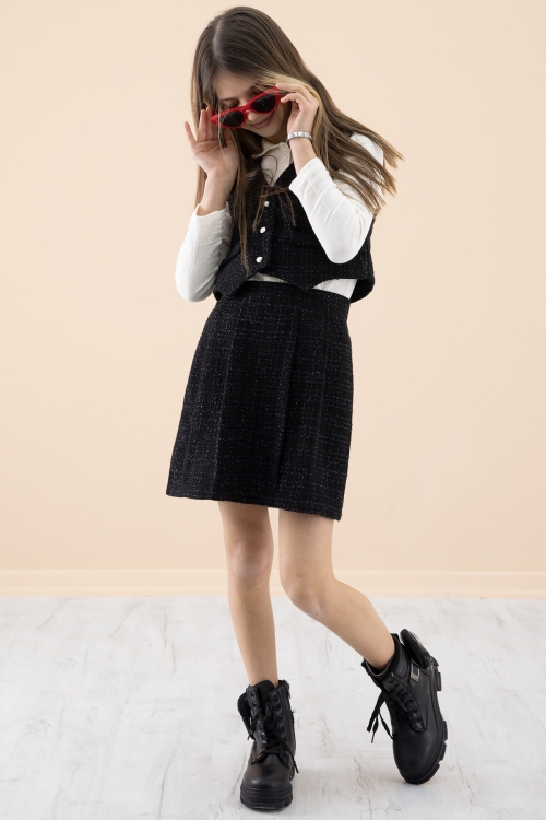 Siyah Simli Yelekli Etekli Kız Çocuk Gömlekli 3lü Takım 20233