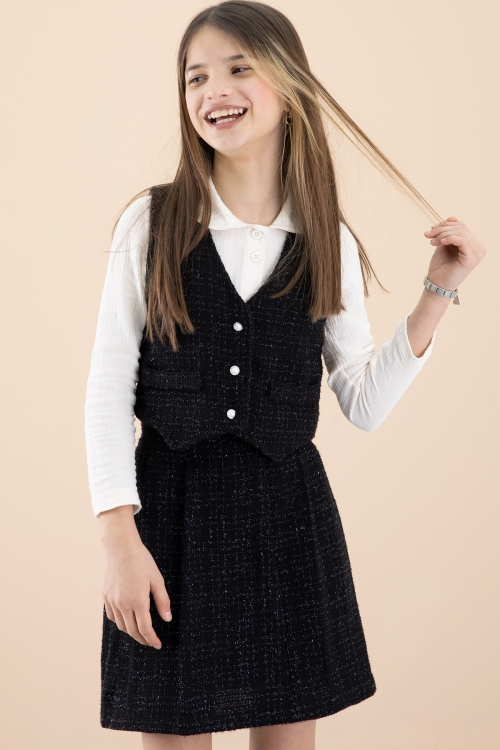 Siyah Simli Yelekli Etekli Kız Çocuk Gömlekli 3lü Takım 20233