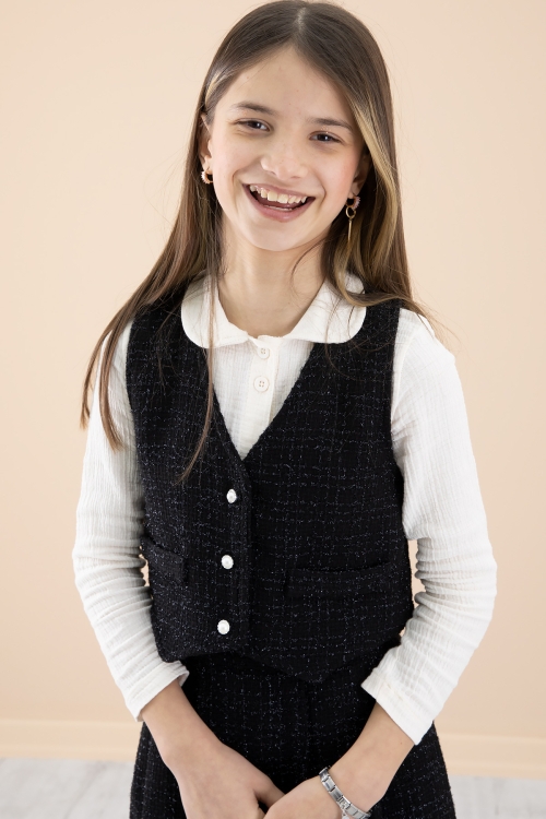 Siyah Simli Yelekli Etekli Kız Çocuk Gömlekli 3lü Takım 20233