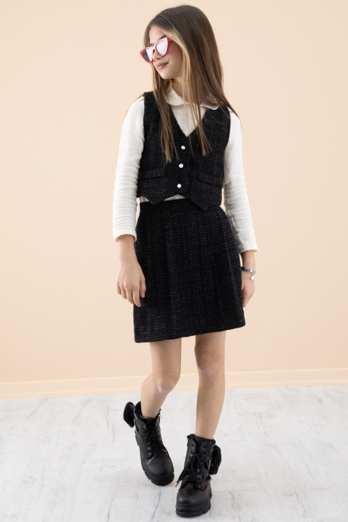 Siyah Simli Yelekli Etekli Kız Çocuk Gömlekli 3lü Takım 20233