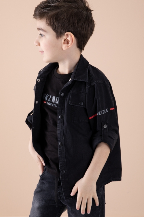 Siyah Sırtı Baskılı Jean Gömlekli Tişörtlü Erkek Çocuk 2li Takım 20270